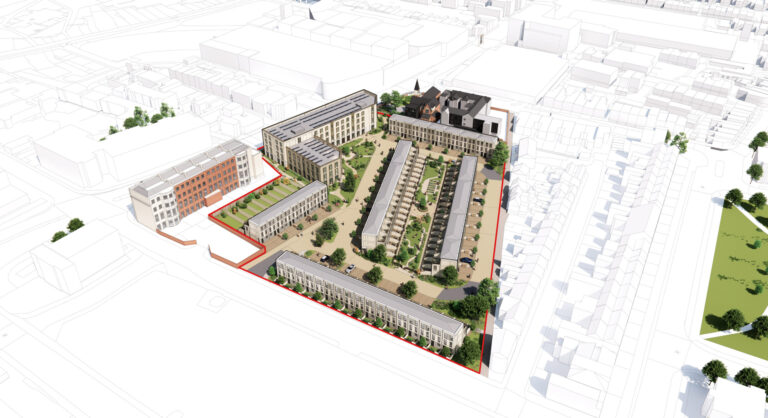 Aerial CGI of Wavensmere Homes' plans for Arkle Court, Cheltenham